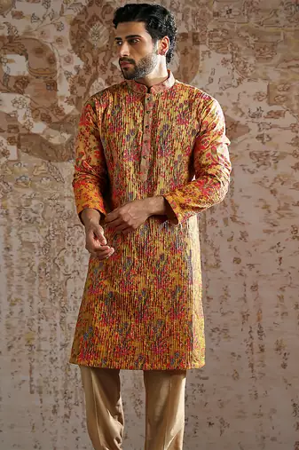 yellow printed silk kurta set for men