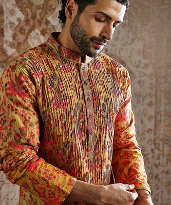 yellow printed silk kurta set for men 4