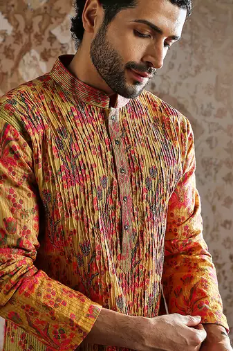 yellow printed silk kurta set for men