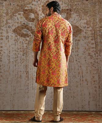 yellow printed silk kurta set for men 5
