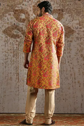 yellow printed silk kurta set for men