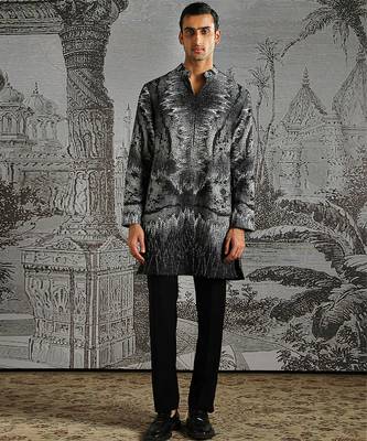 black printed linen kurta set for men 1