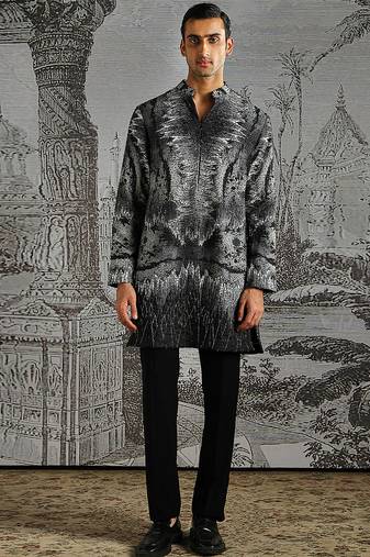 Black printed linen kurta set