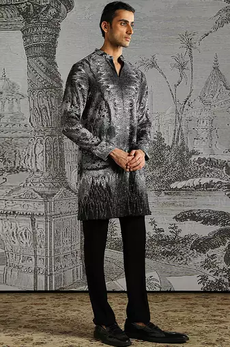 black printed linen kurta set for men