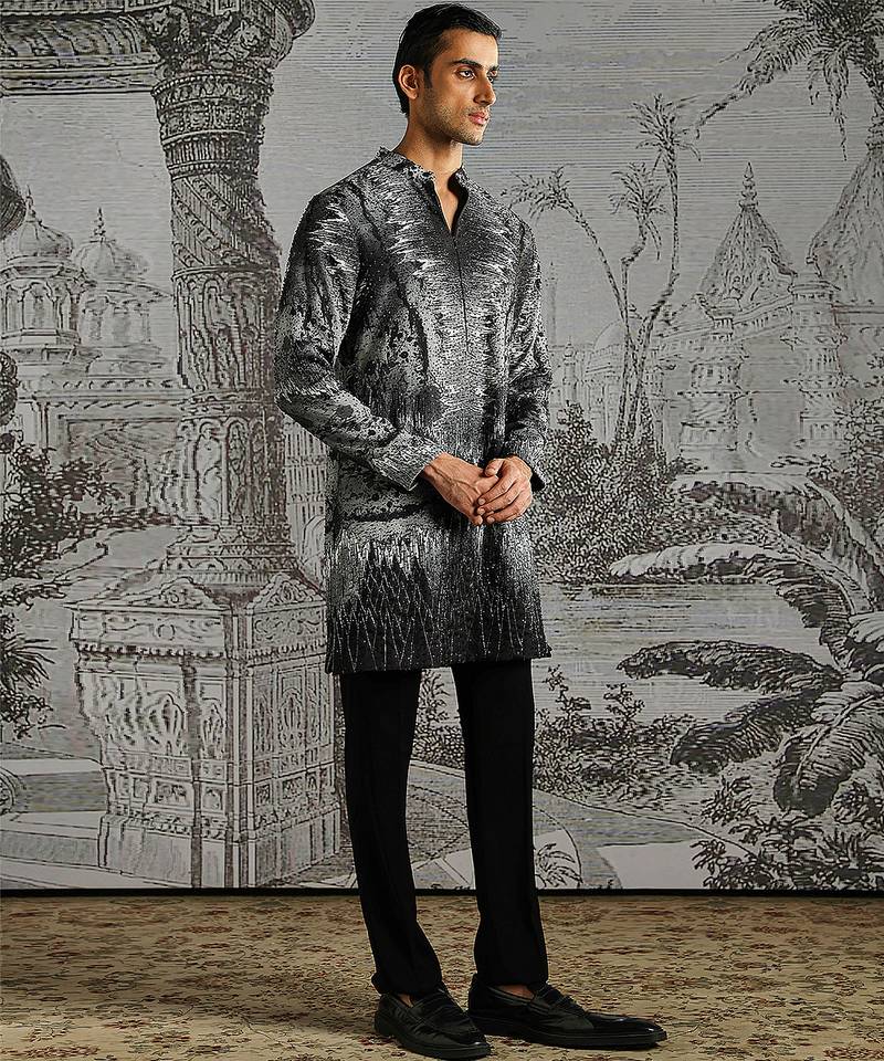 Black printed linen kurta set