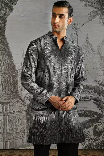 black printed linen kurta set for men