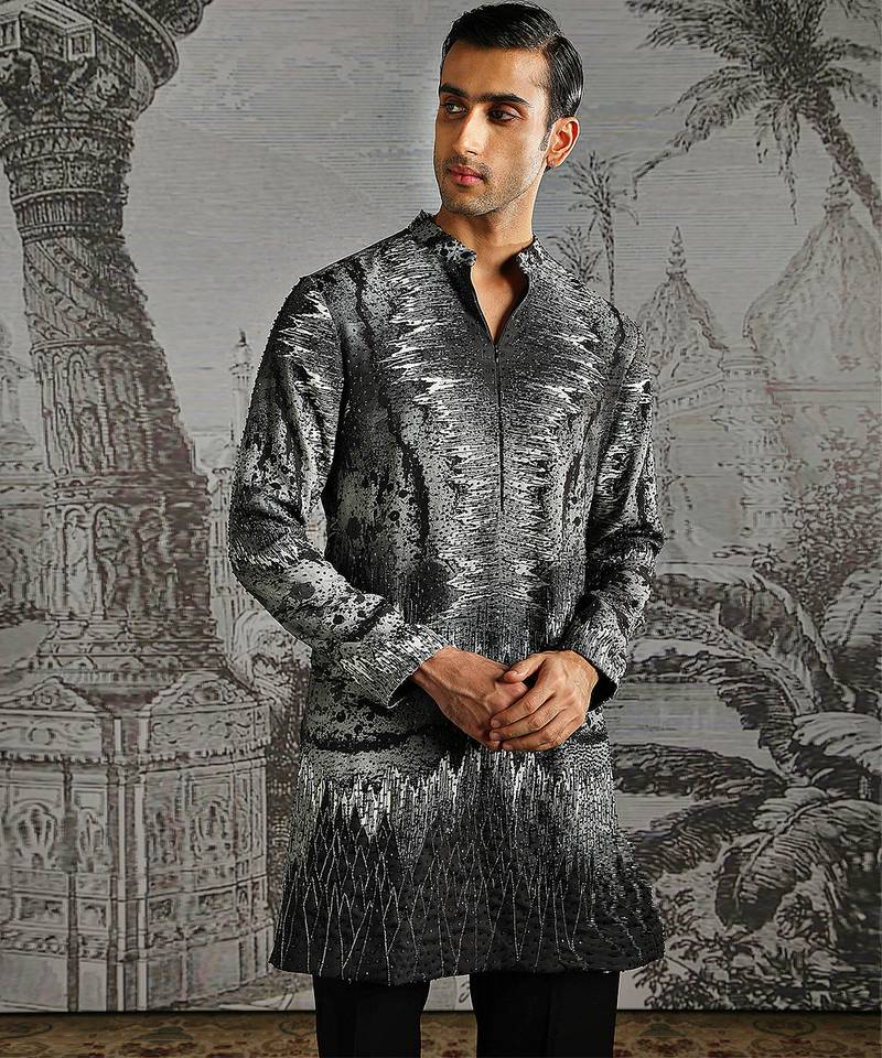 Black printed linen kurta set