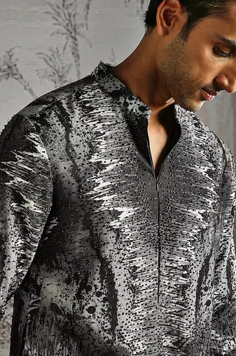 black printed linen kurta set for men