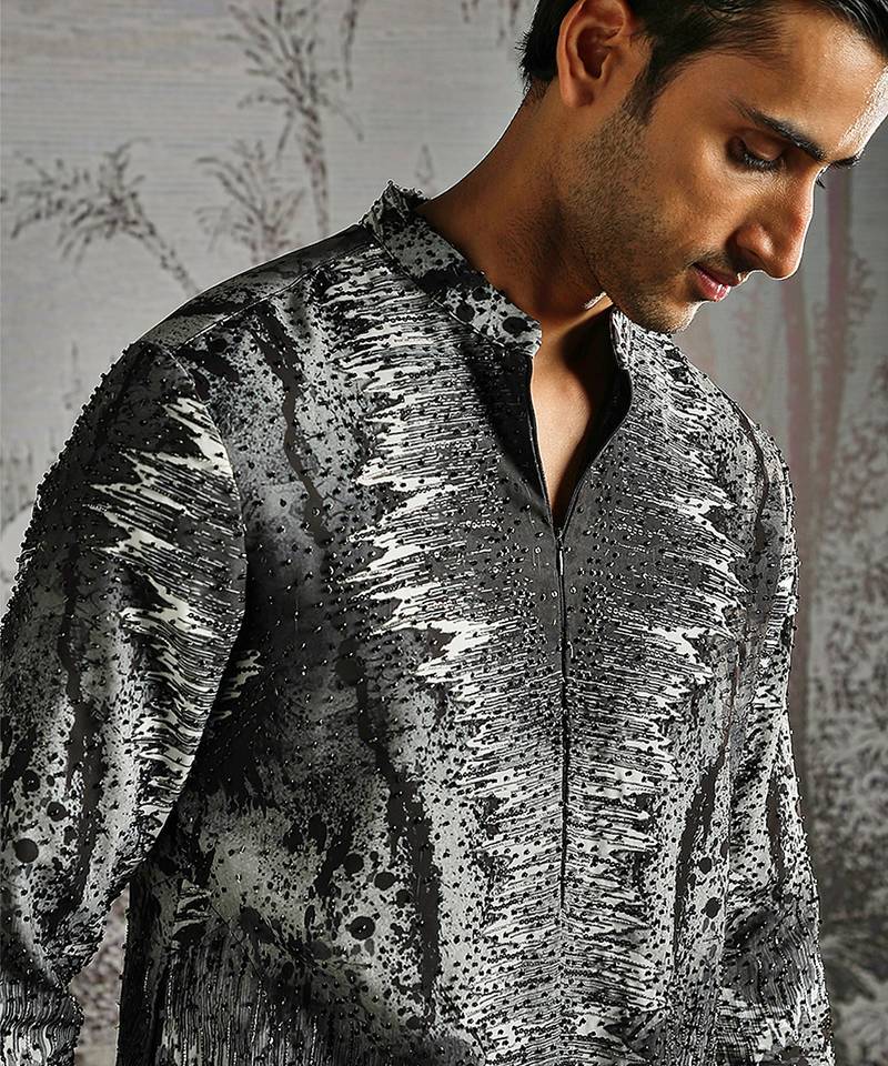Black printed linen kurta set
