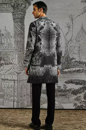 black printed linen kurta set for men