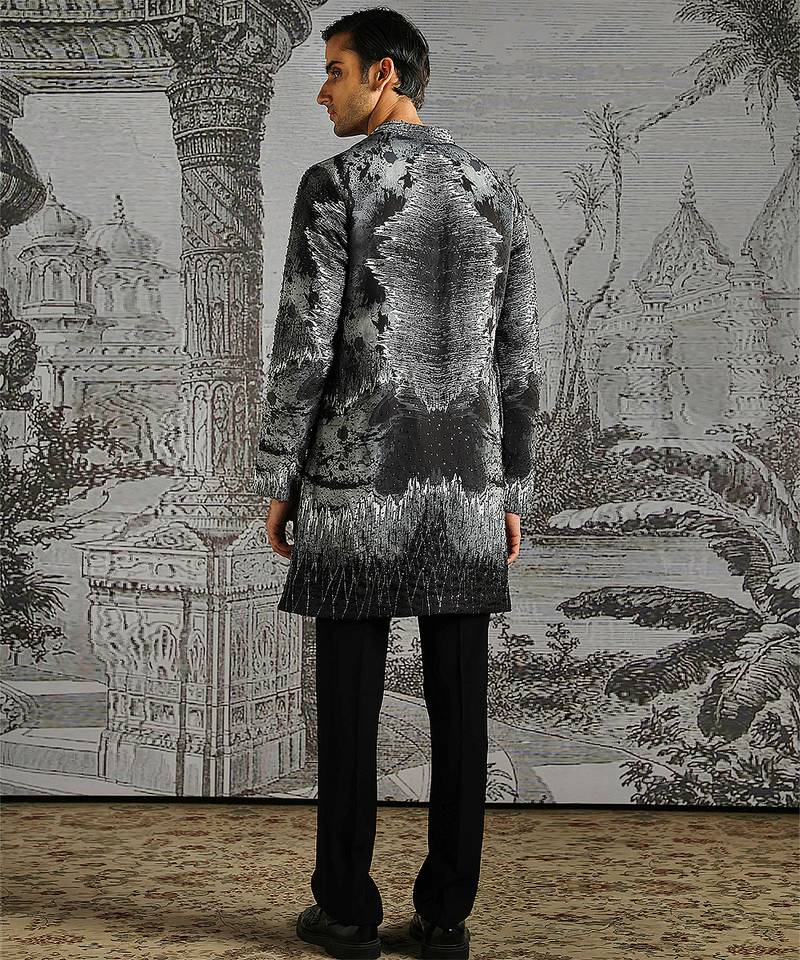 Black printed linen kurta set