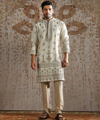 white embroidered chanderi silk kurta set for men 1