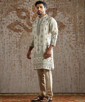 white embroidered chanderi silk kurta set for men 2