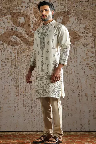 white embroidered chanderi silk kurta set for men