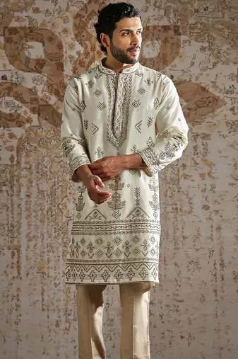 white embroidered chanderi silk kurta set for men
