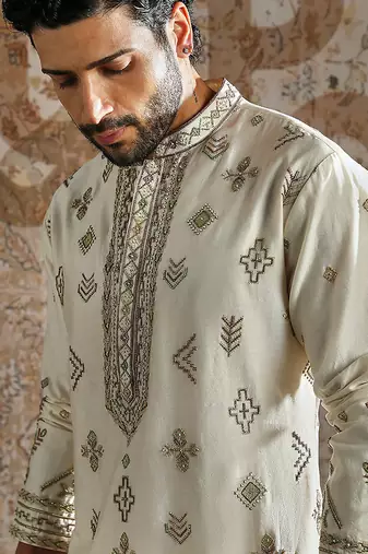 white embroidered chanderi silk kurta set for men