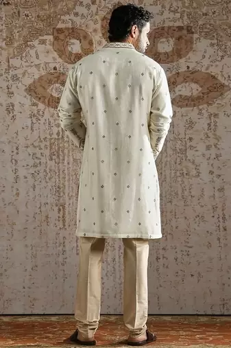 white embroidered chanderi silk kurta set for men