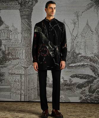 black printed polyester kurta set for men 1