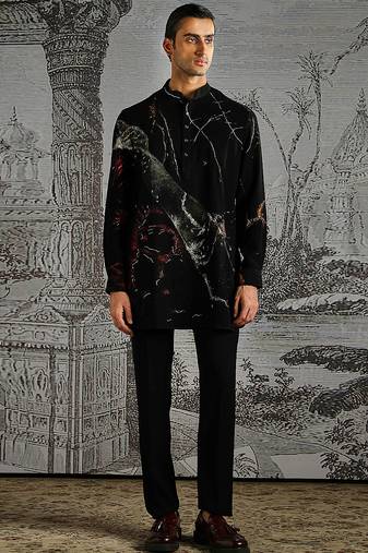 Black printed polyester kurta set