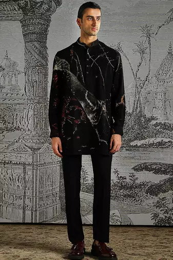 Black printed polyester kurta set