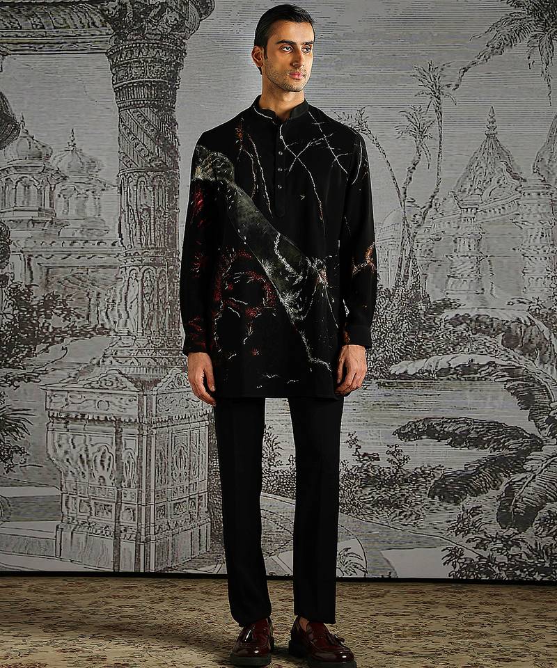 Black printed polyester kurta set