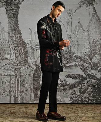 black printed polyester kurta set for men 2