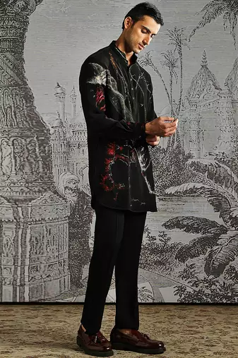 black printed polyester kurta set for men