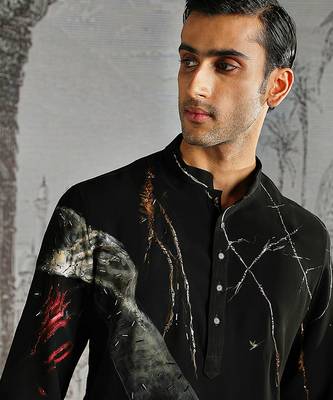 black printed polyester kurta set for men 3
