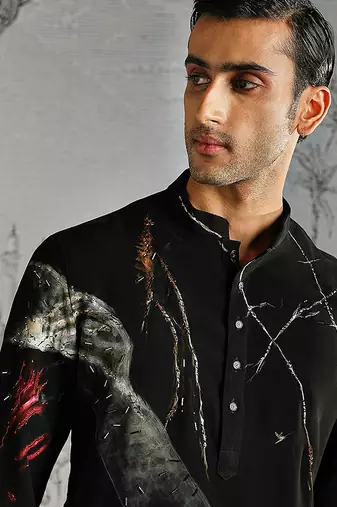 black printed polyester kurta set for men