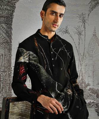 black printed polyester kurta set for men 4