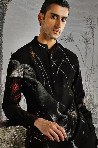 black printed polyester kurta set for men