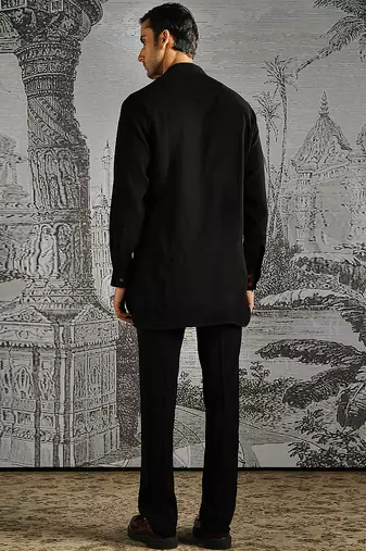 black printed polyester kurta set for men