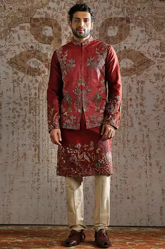 Red Embroidered Tussar Kurta Bundi Set