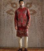 Red Embroidered Tussar Kurta Bundi Set