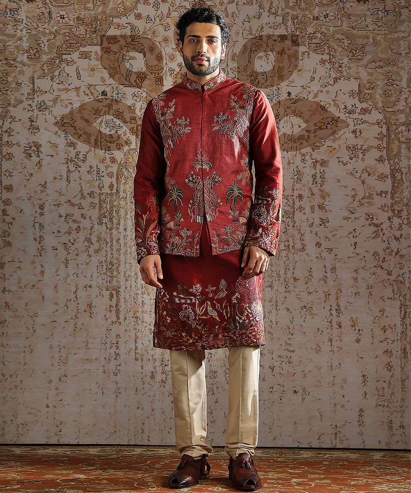 Red Embroidered Tussar Kurta Bundi Set