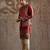 Red Embroidered Tussar Kurta Bundi Set