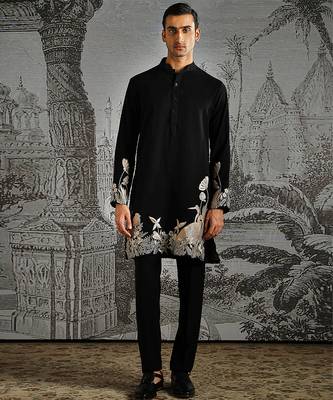 black embroidered polyester kurta set for men 1