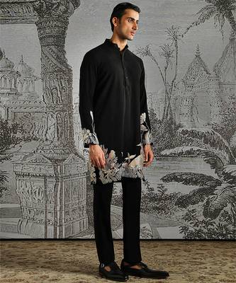 black embroidered polyester kurta set for men 2