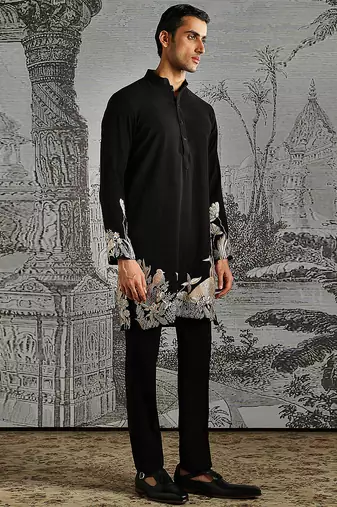 black embroidered polyester kurta set for men