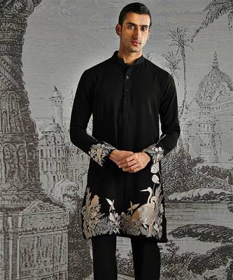 black embroidered polyester kurta set for men 3