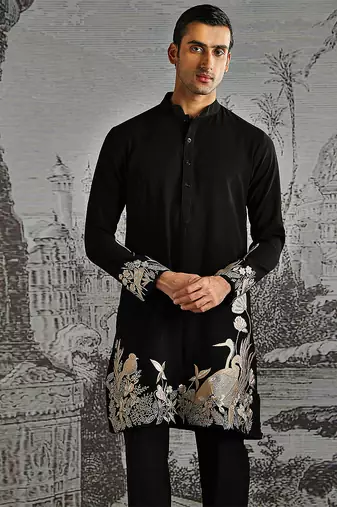 black embroidered polyester kurta set for men