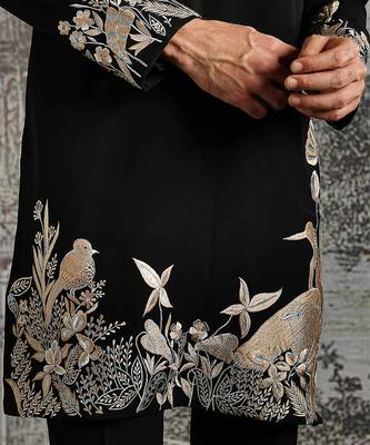 black embroidered polyester kurta set for men 4