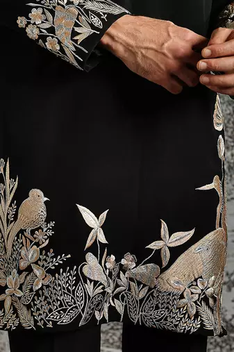 black embroidered polyester kurta set for men