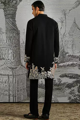 black embroidered polyester kurta set for men