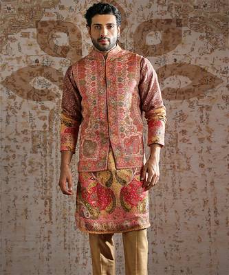 multicolor embroidered pashmina kurta bundi set for men 1