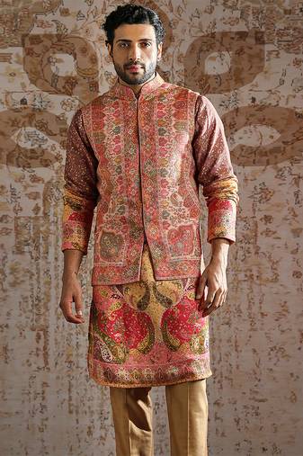 Multicolor embroidered pashmina kurta bundi set