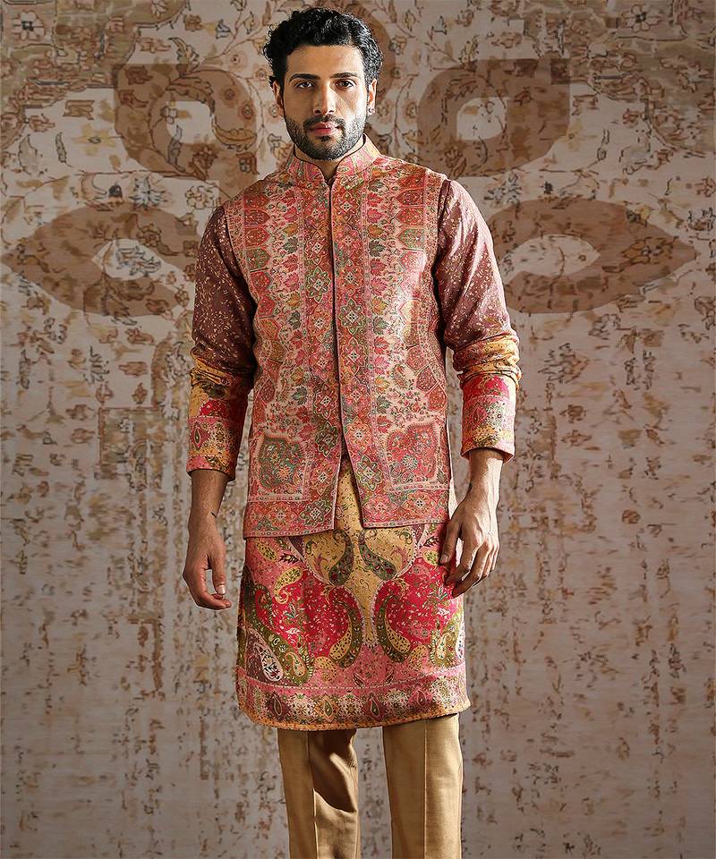 Multicolor embroidered pashmina kurta bundi set