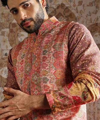 multicolor embroidered pashmina kurta bundi set for men 2