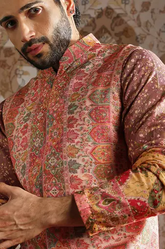 multicolor embroidered pashmina kurta bundi set for men