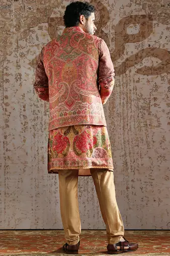 multicolor embroidered pashmina kurta bundi set for men
